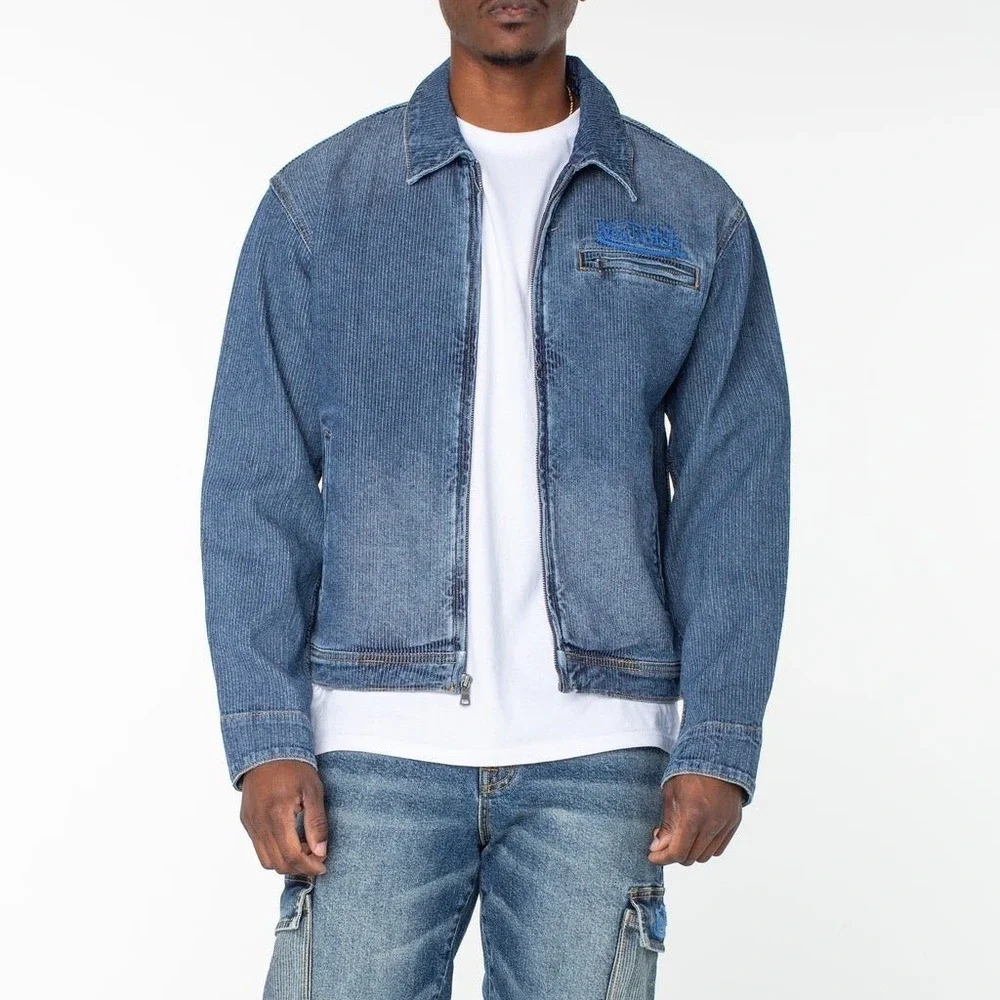 Von Dutch The Phase Cotton Pinstripe Blue Denim Zip-Up Trucker Jacket Medium NWT